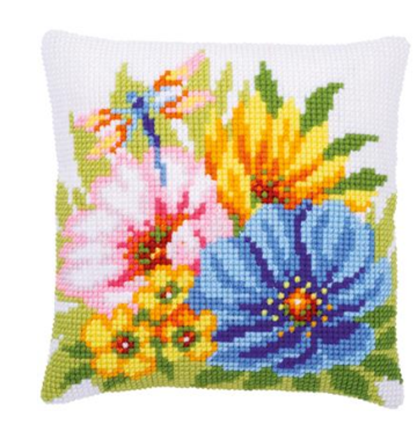 kruissteekkussen kleurige bloemen