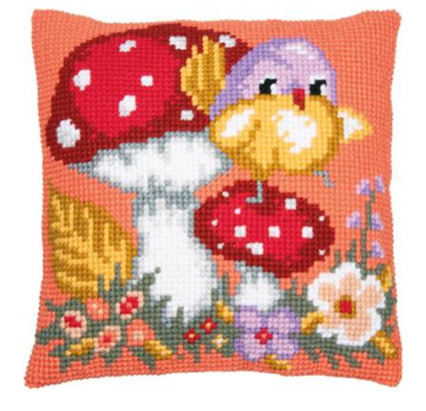 Kruissteekkussen kit Vogeltje op paddenstoel