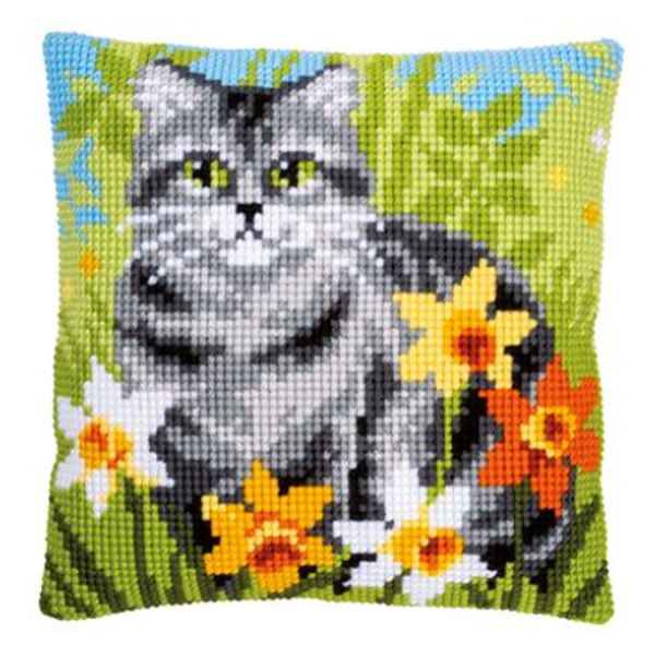 Kruissteekkussen kit Poes tussen bloemen