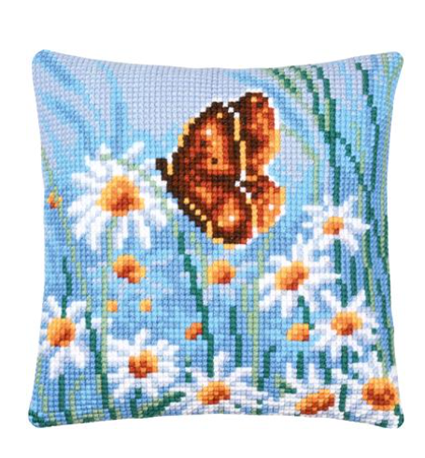 Kruissteekkussen kit Vlinder tussen bloemen