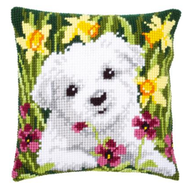 kruissteekkussen westie in narcissen