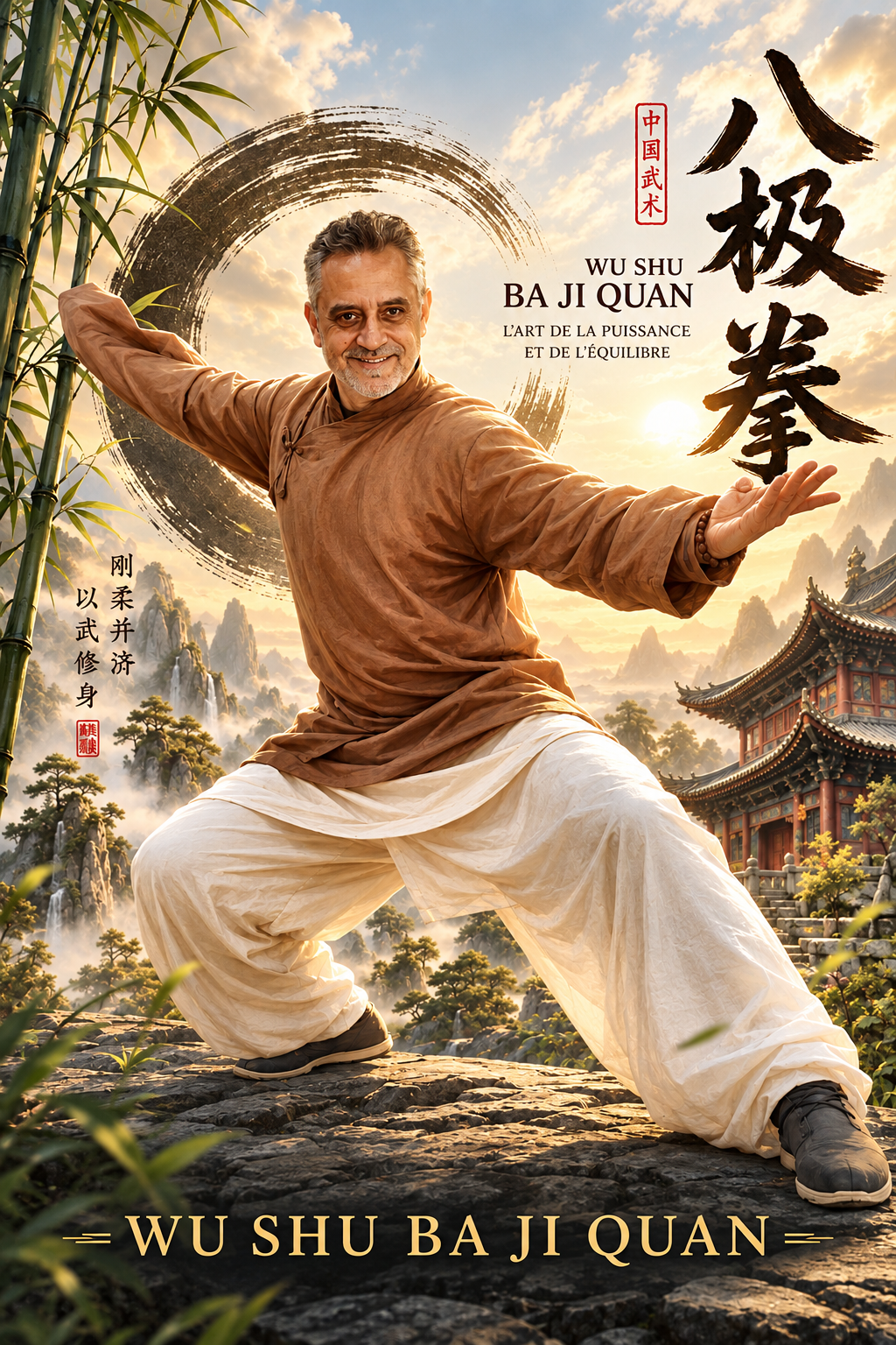 Illustration de Stéphane Hertveld en posture de Ba Ji Quan dans un paysage chinois.