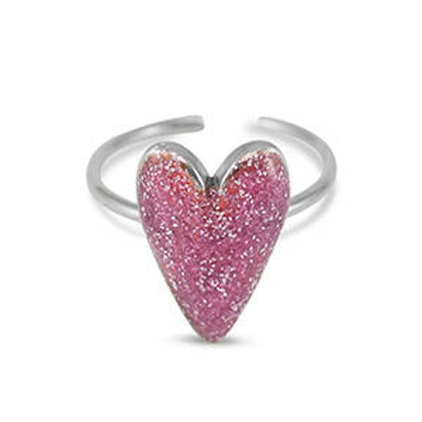 Roze glitter hart ring zilver