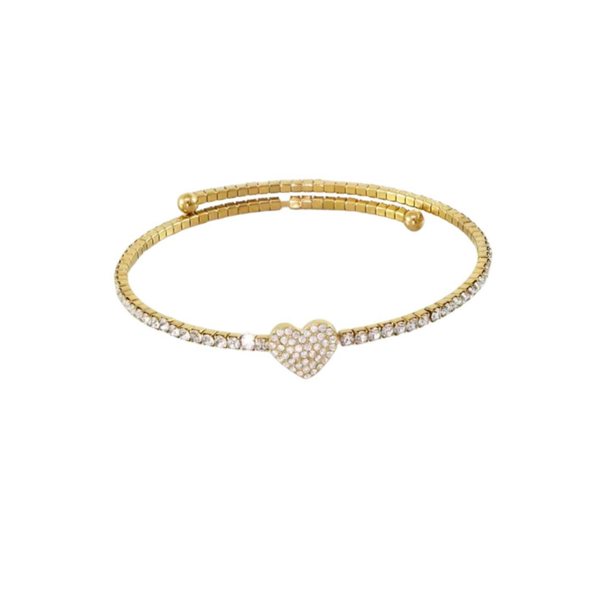 Strass heart bangle goud