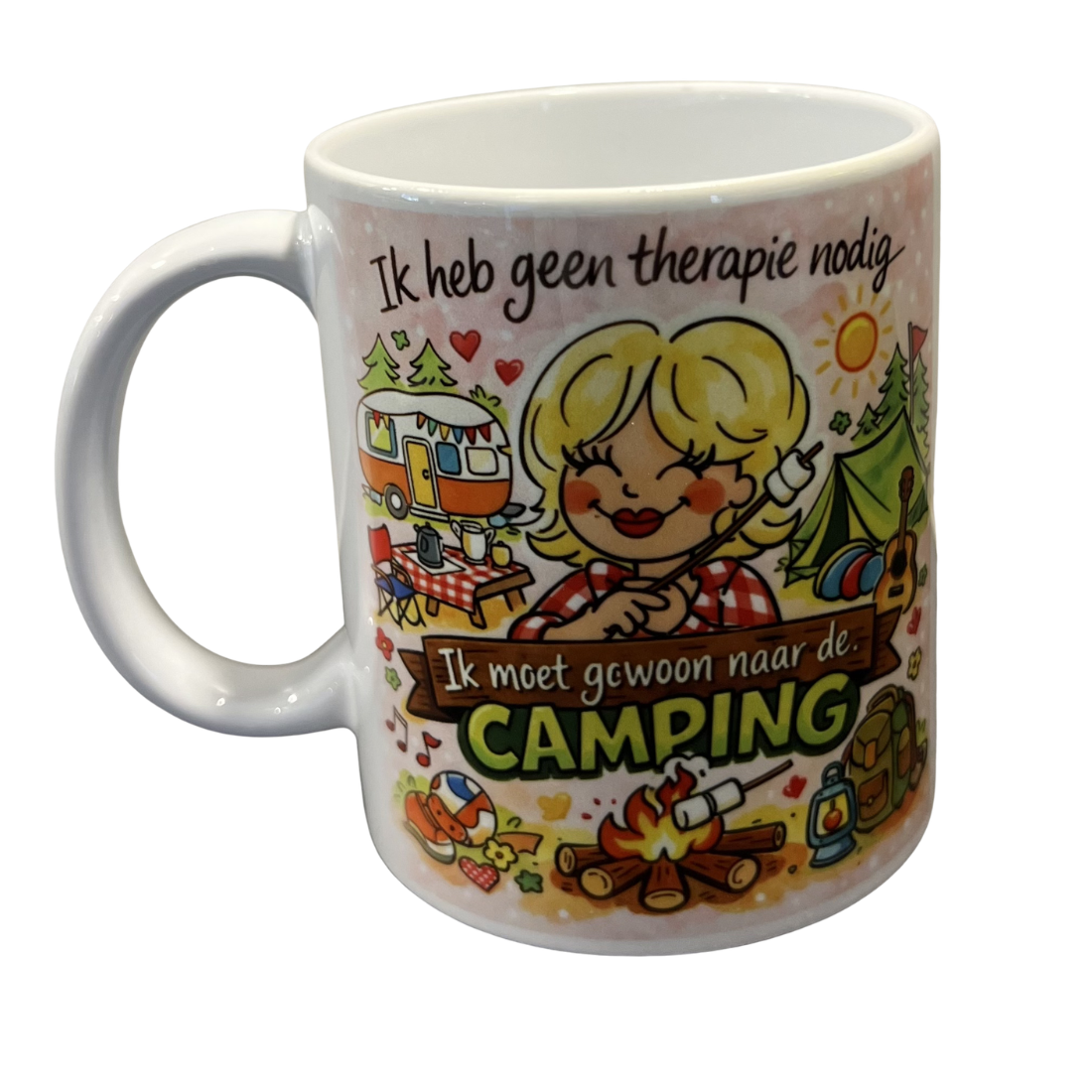 Beker: ik heb geen therapie nodig, ik moet gewoon naar de camping vrouw