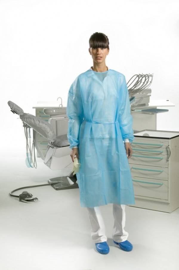 22.D1302 OK Jas Steriel, lichtblauw, manchet katoen, Lengte 110 cm(50 st.)