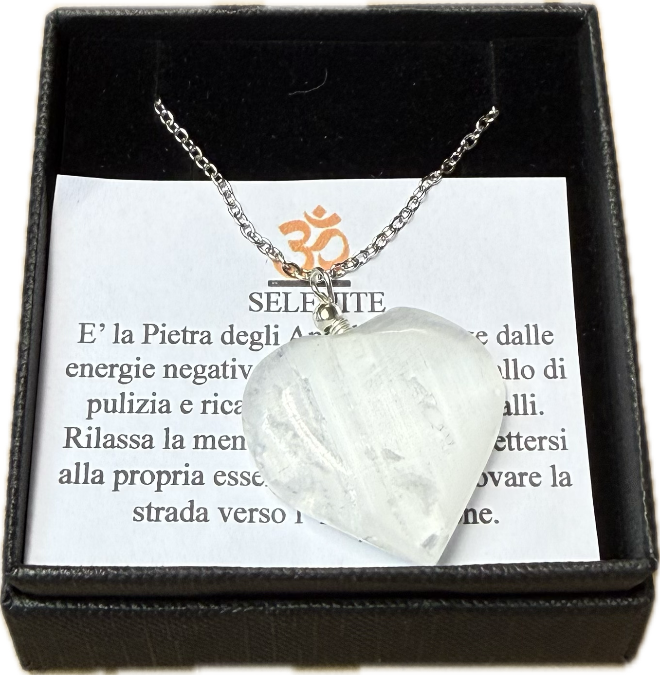 Ciondolo di Selenite a Cuore con Catenella Acciaio