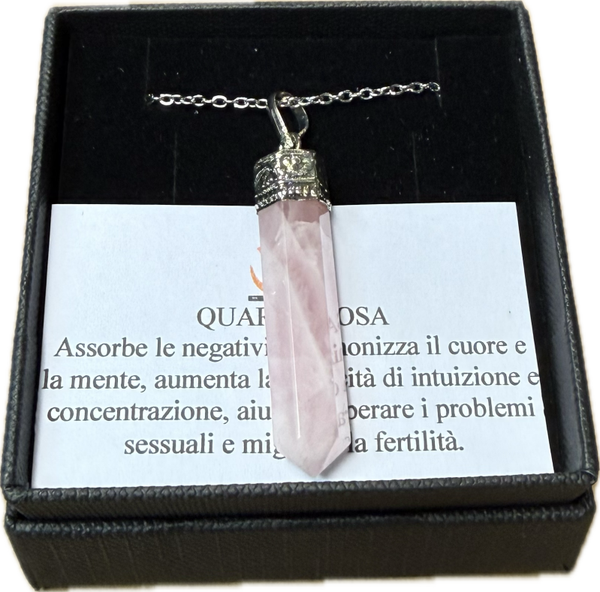 Ciondolo di Quarzo rosa con Catenella in Acciaio