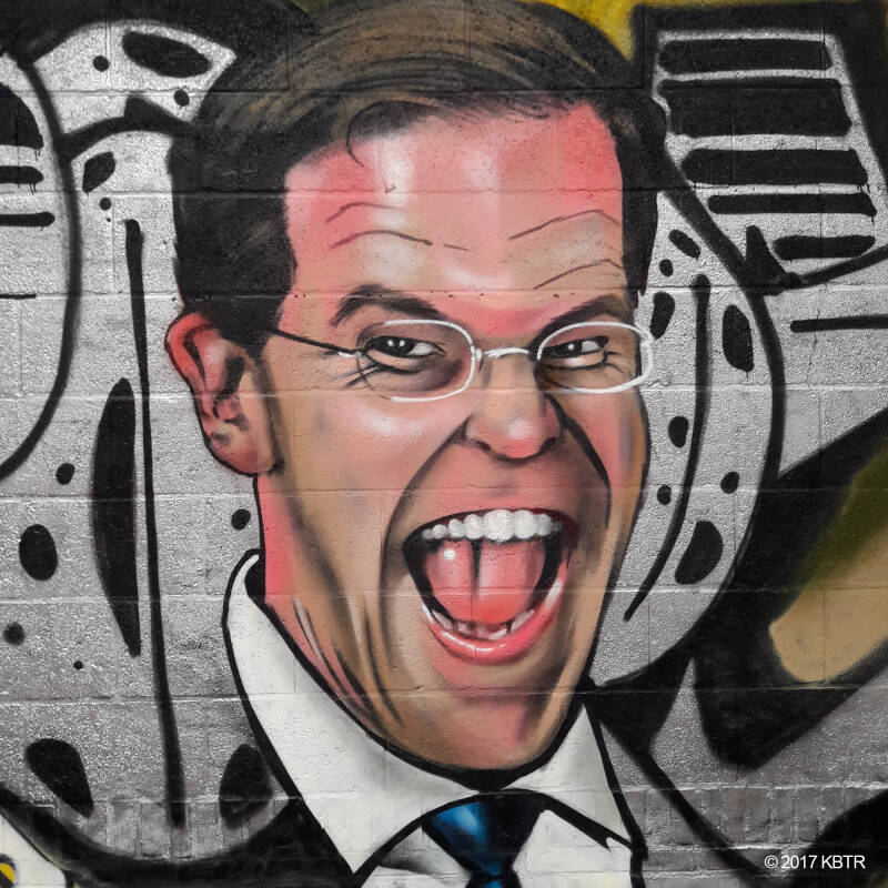 Portrait of prime-minister Mark Rutte smiling like André van Duin by KBTR