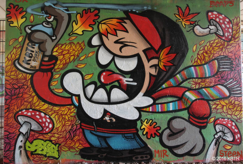KBTR in autumn with graffiti spraycan and leaves in face