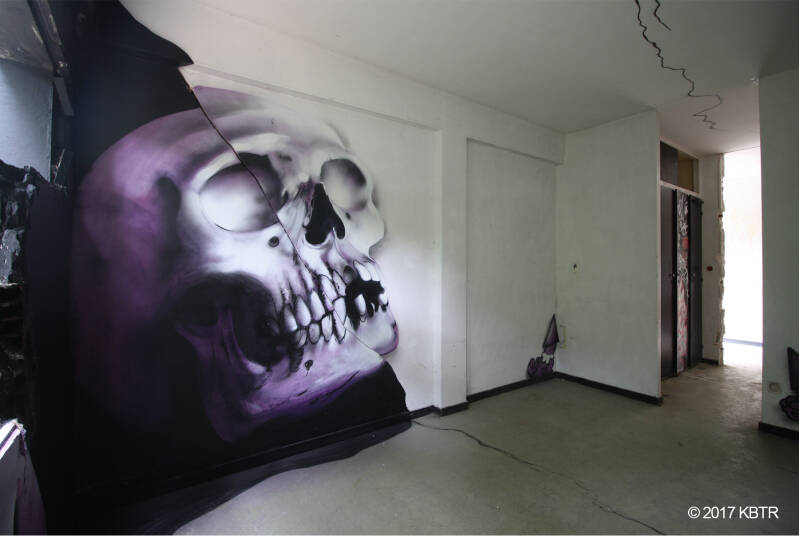 Skull in purple, black and white inside an abandoned orphanage in Paris made by KBTR