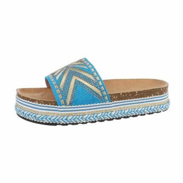 Blauwe Boho Plateau Slippers met Gouden Details