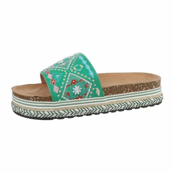 Groene Boho Slippers Dames | Plateau Slippers met Borduursels & Zomerse Print