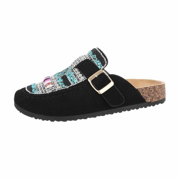 Zwarte Boho Mules Dames | Instappers met Kralen, Strass & Turquoise Details