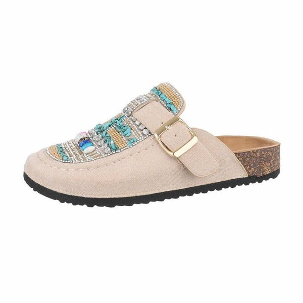Beige Boho Mules Dames | Instappers met Kralen, Strass & Turquoise Details