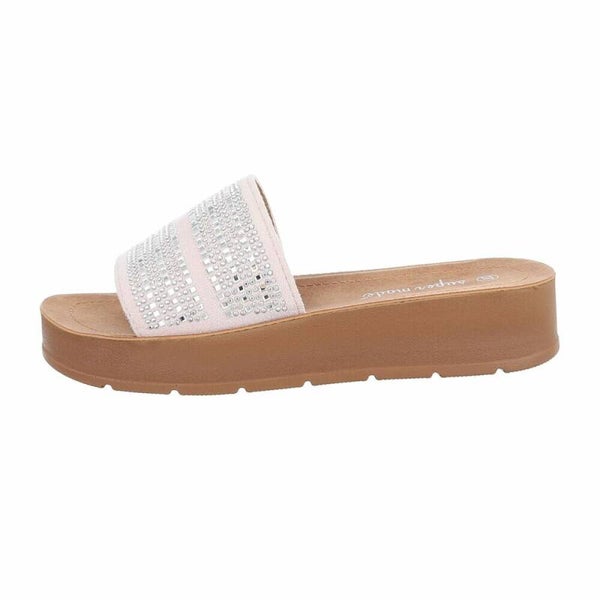 Beige Plateau Slippers met Strass