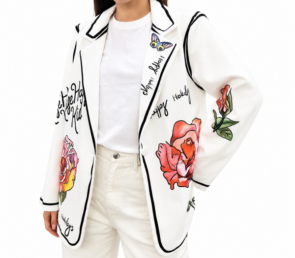 Dames Blazer met Bloemenprint en Artistieke Details