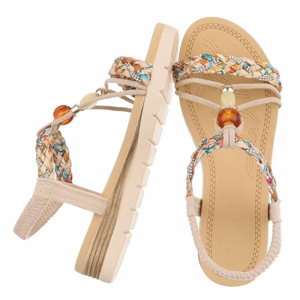 Comfortabele Beige Sandalen met Gevlochten Bandjes en Kralen – Bohemian Zomersandalen