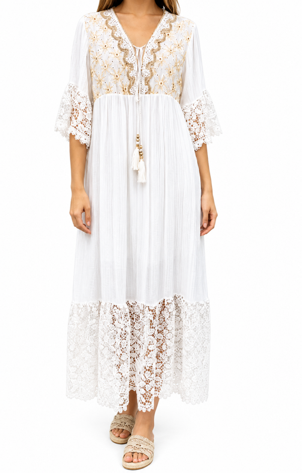 Luxe Bohemian Maxi Jurk met Kant en Borduursels