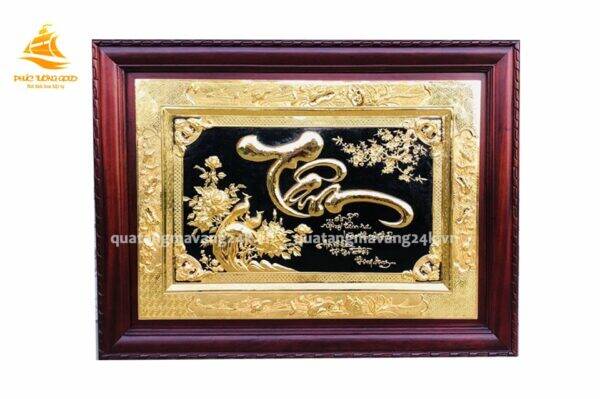 Tranh chữ Tâm thư pháp dát vàng 24k tại Phúc Tường Gold