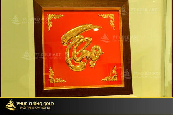 Tranh chữ Thọ thư pháp dát vàng 24k
