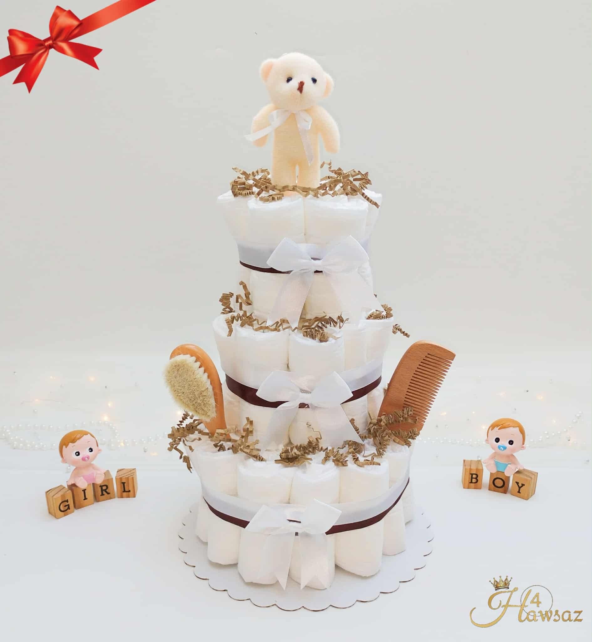 Luiertaart Cadeau 43 stuks  – 3 Hoog met Knuffelbeer (voor Jongen of Meisje)