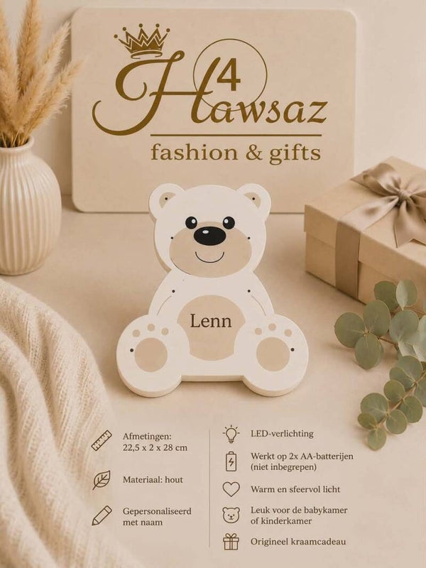 Gepersonaliseerde Houten LED Berenlamp met Naam