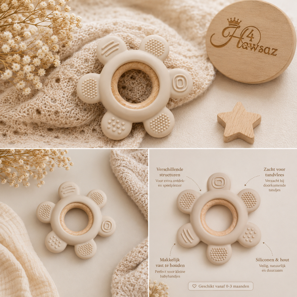 Siliconen Bijtring met Houten Ring – Beige/Zandkleur