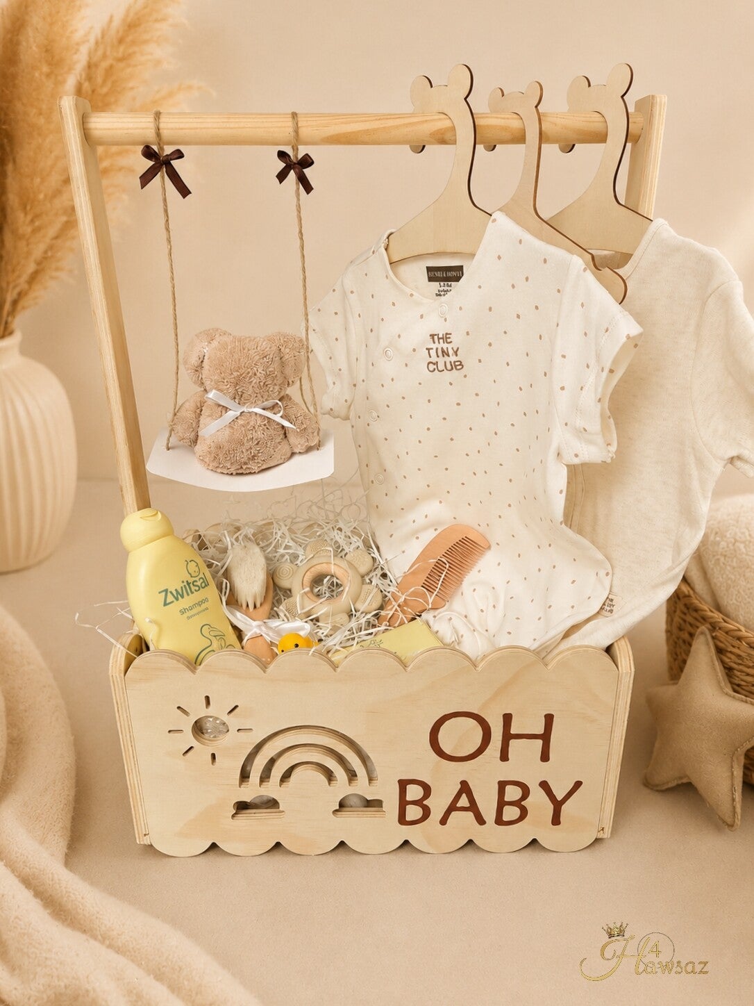 Luxe Houten Kraammand met Naam  Complete Baby Giftset
