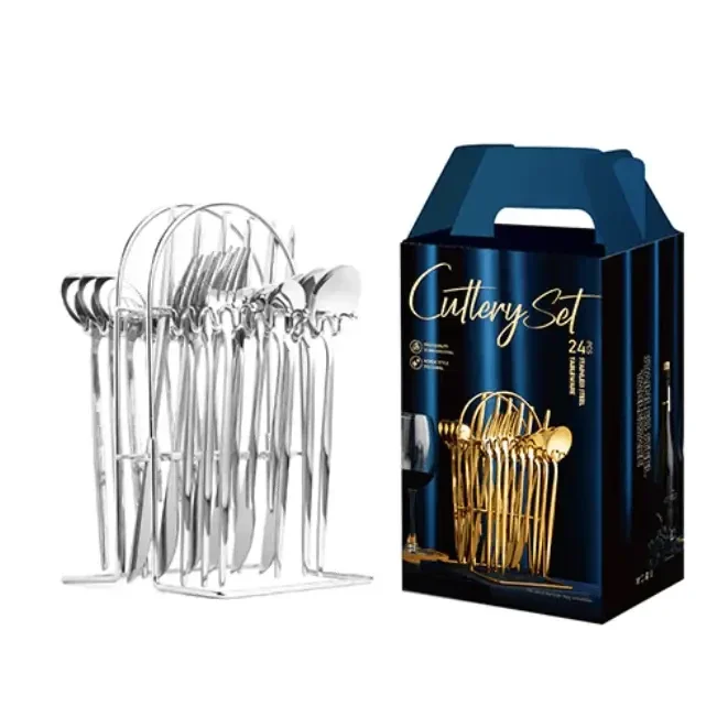 24pcs Stainless Steel Dinnerware Set with Storage Rack