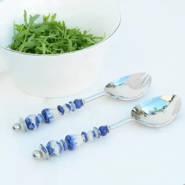 Blue Artisan Ceramic Salad Server Set