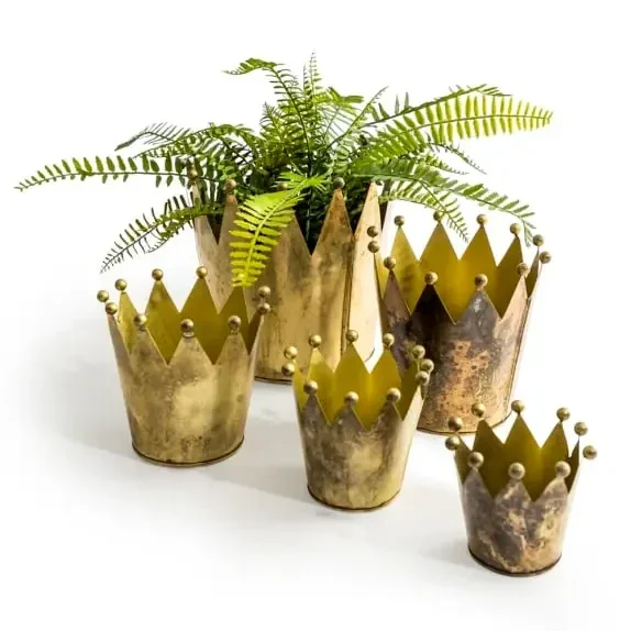 Set of 5 Antique Gold Metal Crown Planters