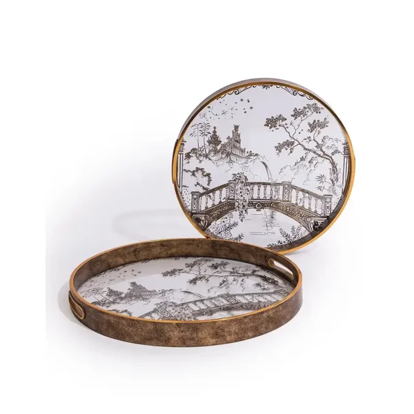 Set of 2 Dark Gold Oriental Garden Serving Trays
