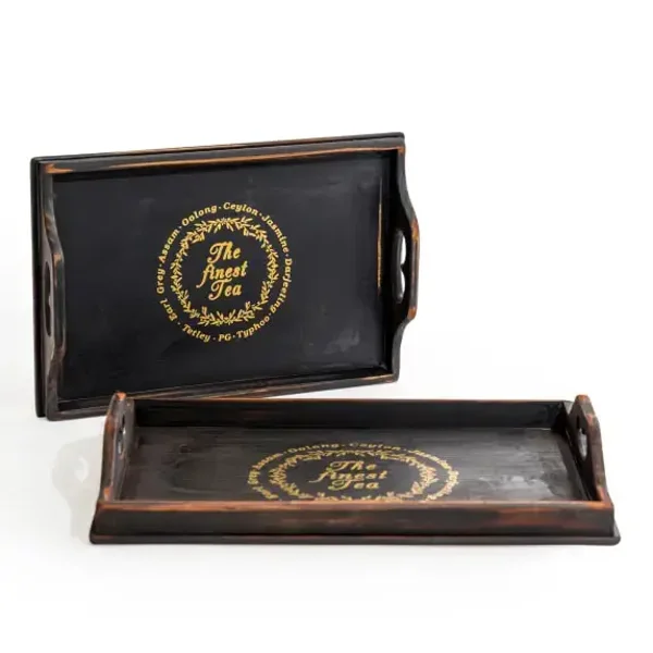 Set of 2 Antique Black Wooden 'finest Tea' Trays