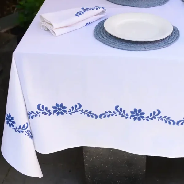 White Tablecloth with Navy Blue Border