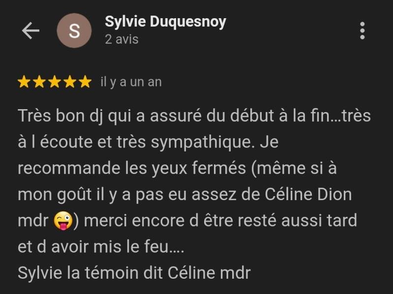Avis Google Sylvie Duquesnoy DJ mariage Loiret 45