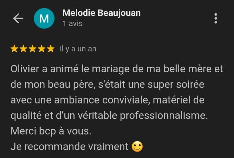 Témoignage client soirée privée DJ Montargis 5 étoiles