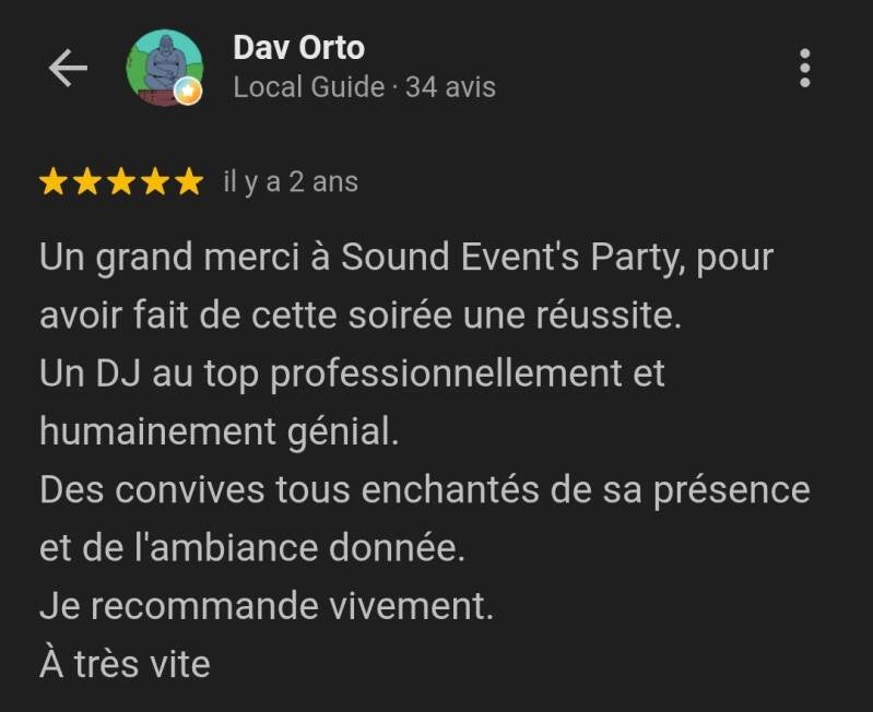 Avis Google 5 étoiles mariage DJ Sound Event's Party Loiret