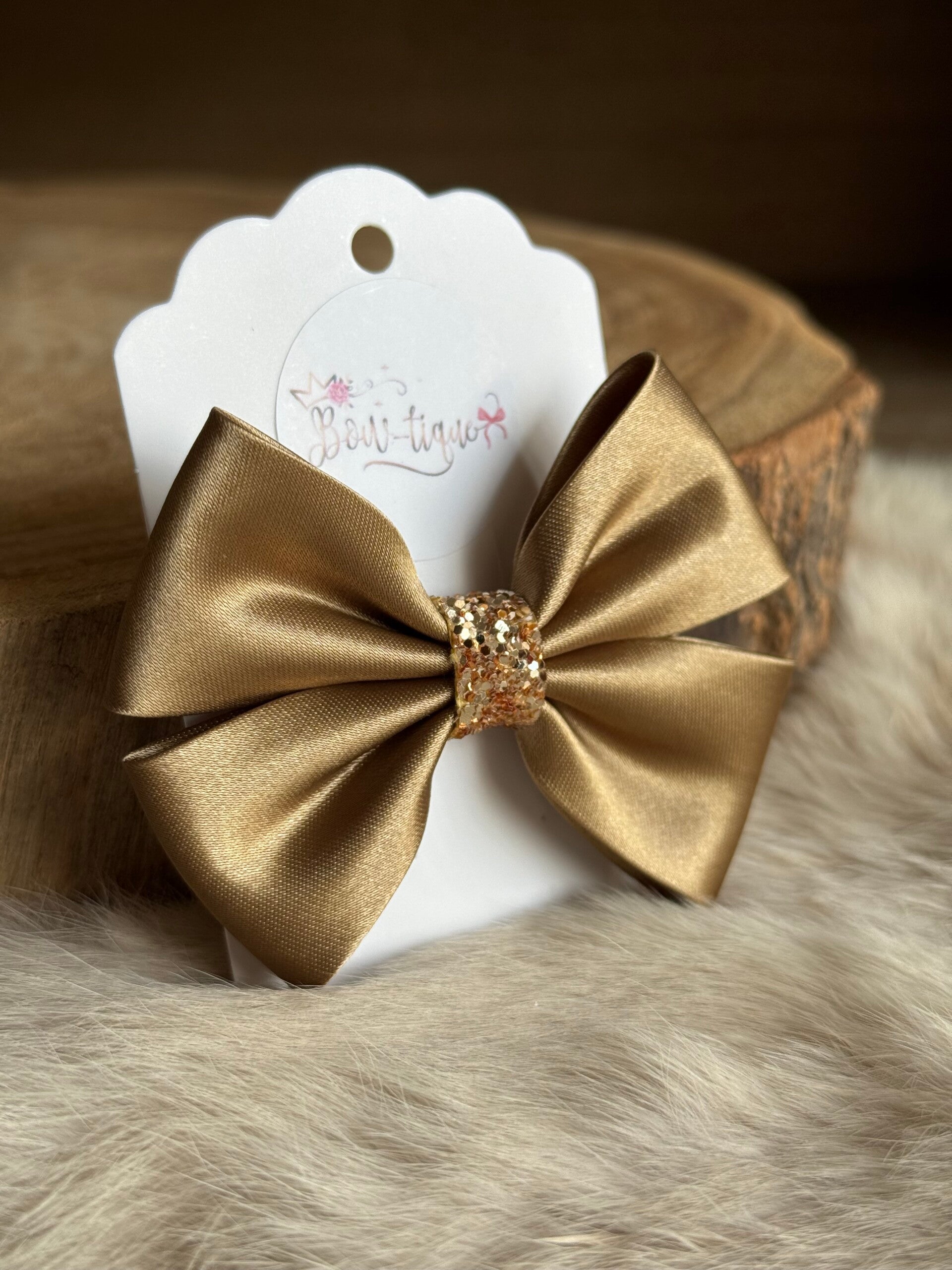 Satijnen Strik Glitter Khaki Caramel