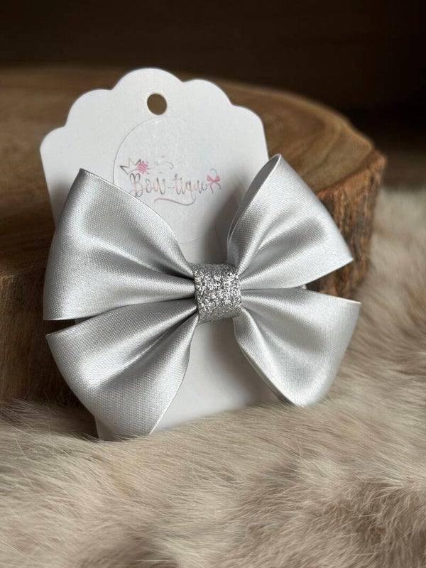 Satijnen Strik Glitter Silver Grey