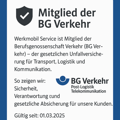 Werkmobil Service ist Mitglied der BG Verkehr – gesetzliche Unfallversicherung für Transport & Logistik.