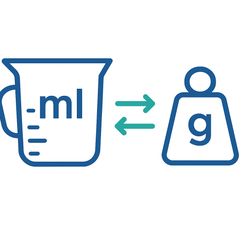 Icoon van een maatbeker met 'ml', een gewicht met 'g' en dubbele pijlen ertussen, symbool voor omrekenen gram naar milliliter