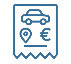Icoon van een bonnetje met een auto, locatiepin en euroteken, symbool voor reiskosten berekenen