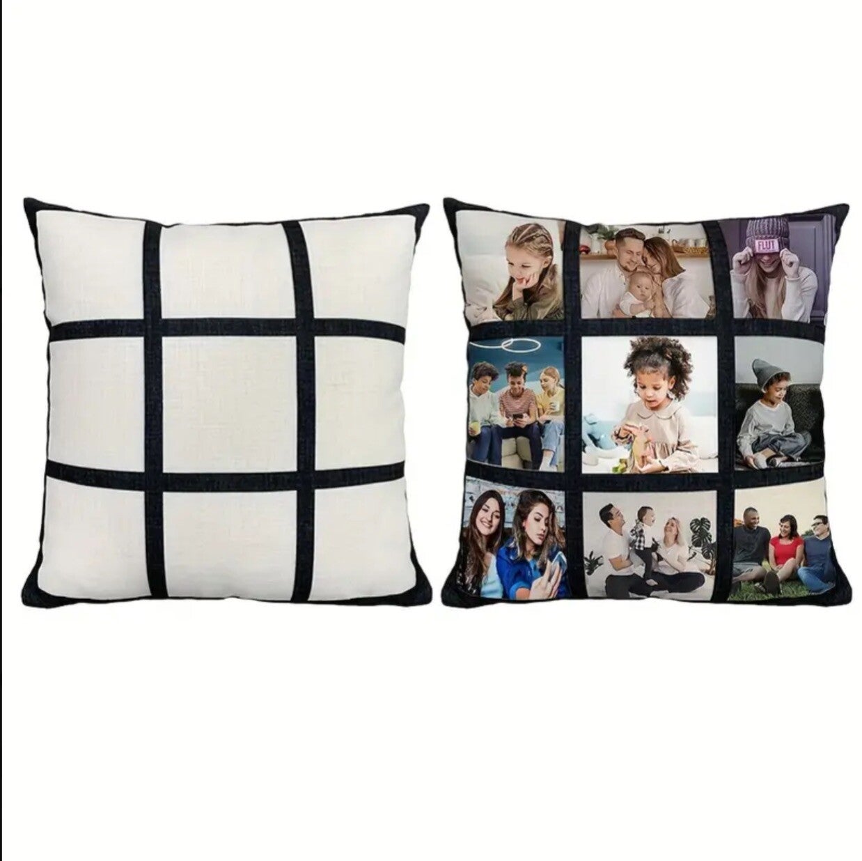 Personalised 9 Panel Pillow Case, White with Black Grid Pattern, Custom Photo Pillowcase without Insert