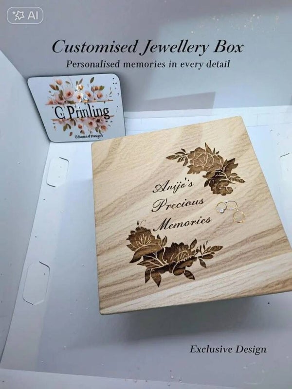 Personalised Wooden Jewellery Box – Custom Engraved Floral Memory Chest, Laser-Etched Keepsake Gift for Her, Anniversary or Birthday