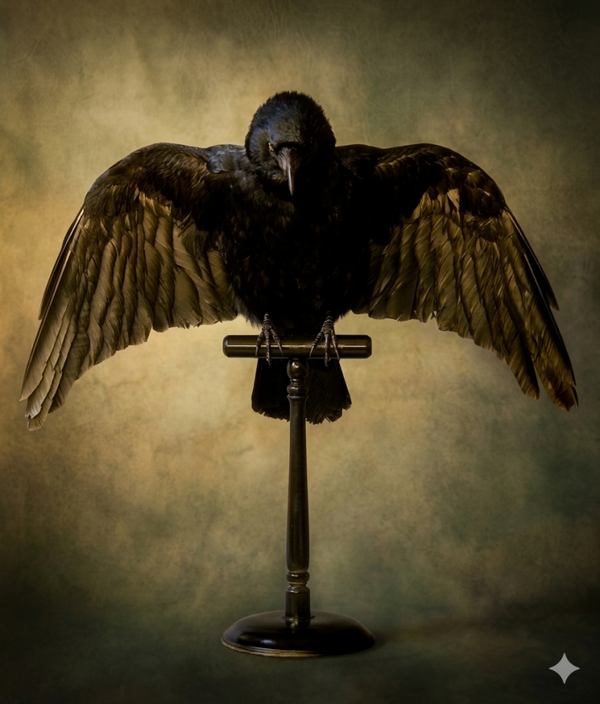 Taxidermy Carrion Crow on a Black Stand
