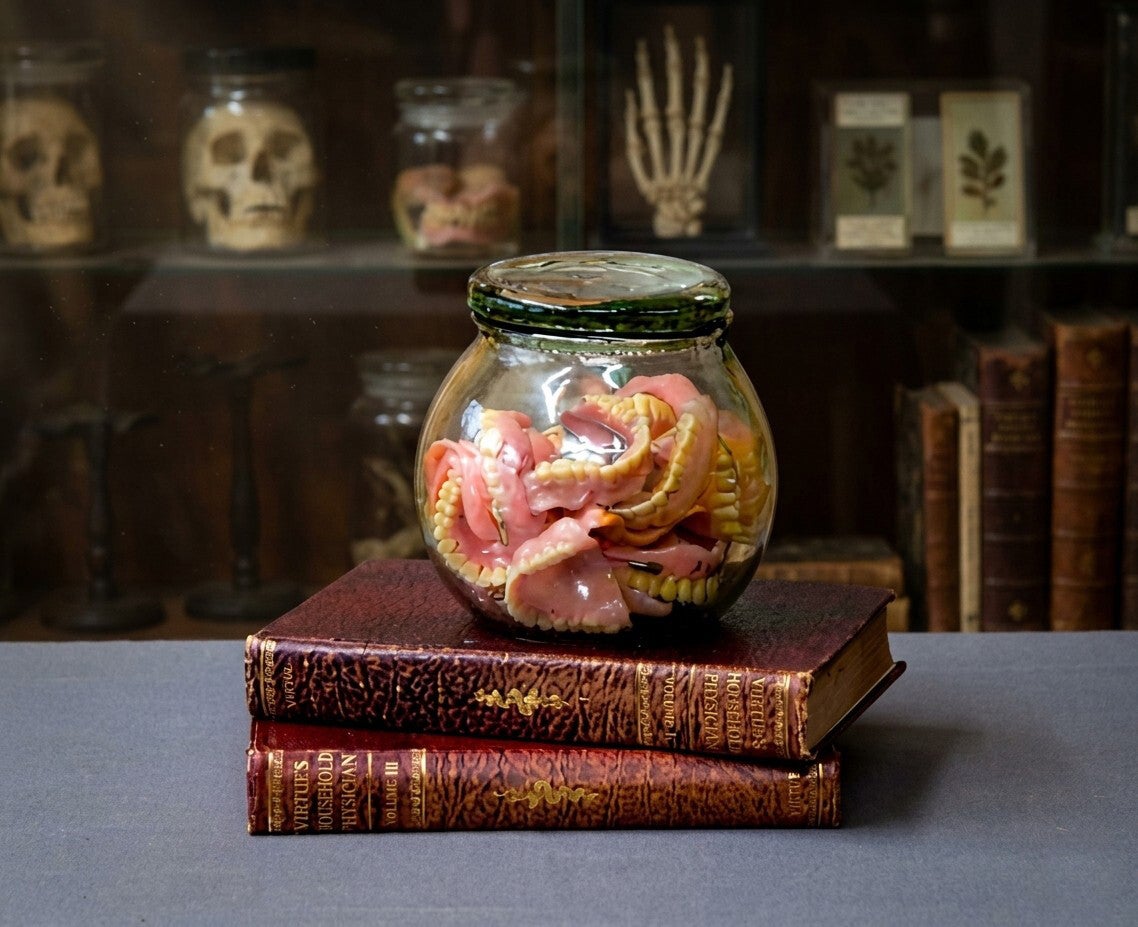 A Victorian Leech Jar containing a selection of false teeth.