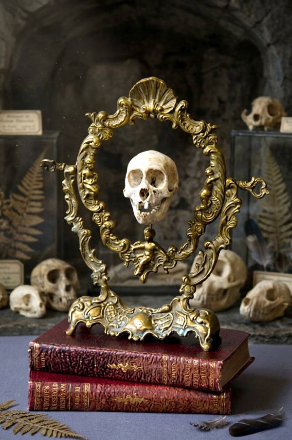A Macaque skull suspended in a gilt frame