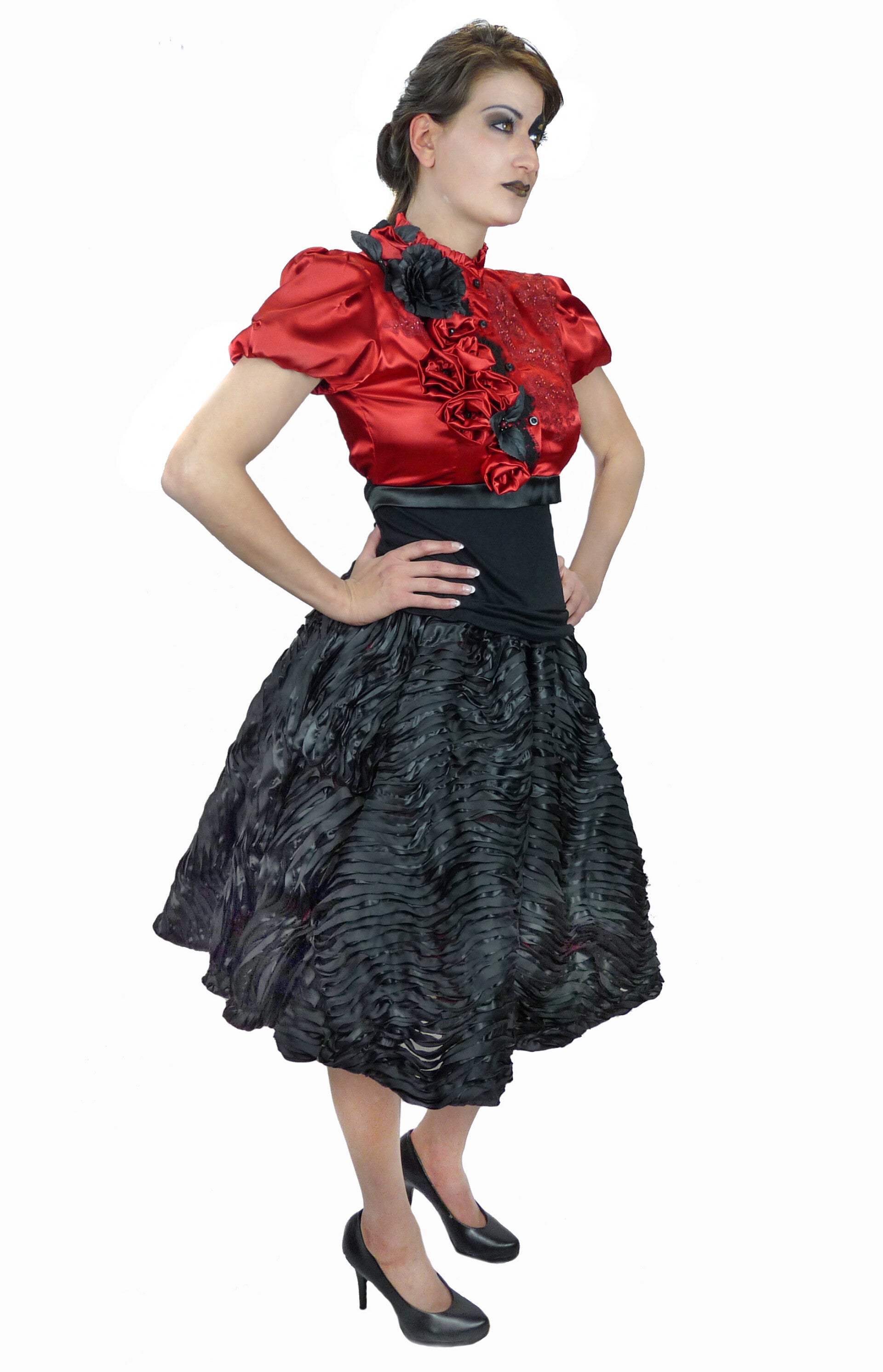 2Piece dress - ROSIE -  Black and red hand-embroidered top and skirt
