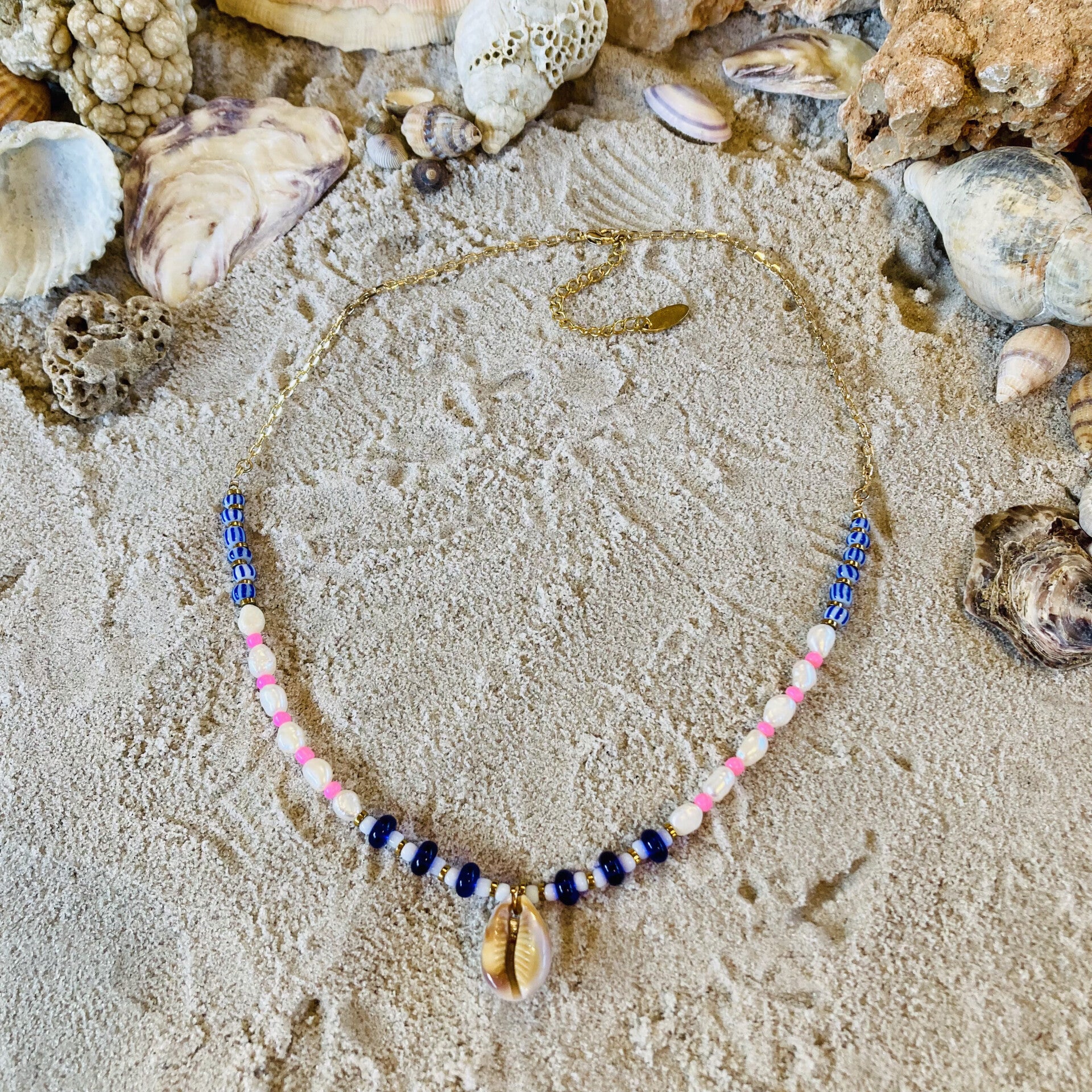 Ocean Eyes Necklace Freshwater Pearls Pink Dark Blue